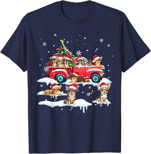 Chihuahua Dog Riding Red Truck Ugly Sweater Merry Christmas T-Shirt - T-Shirt | Navy