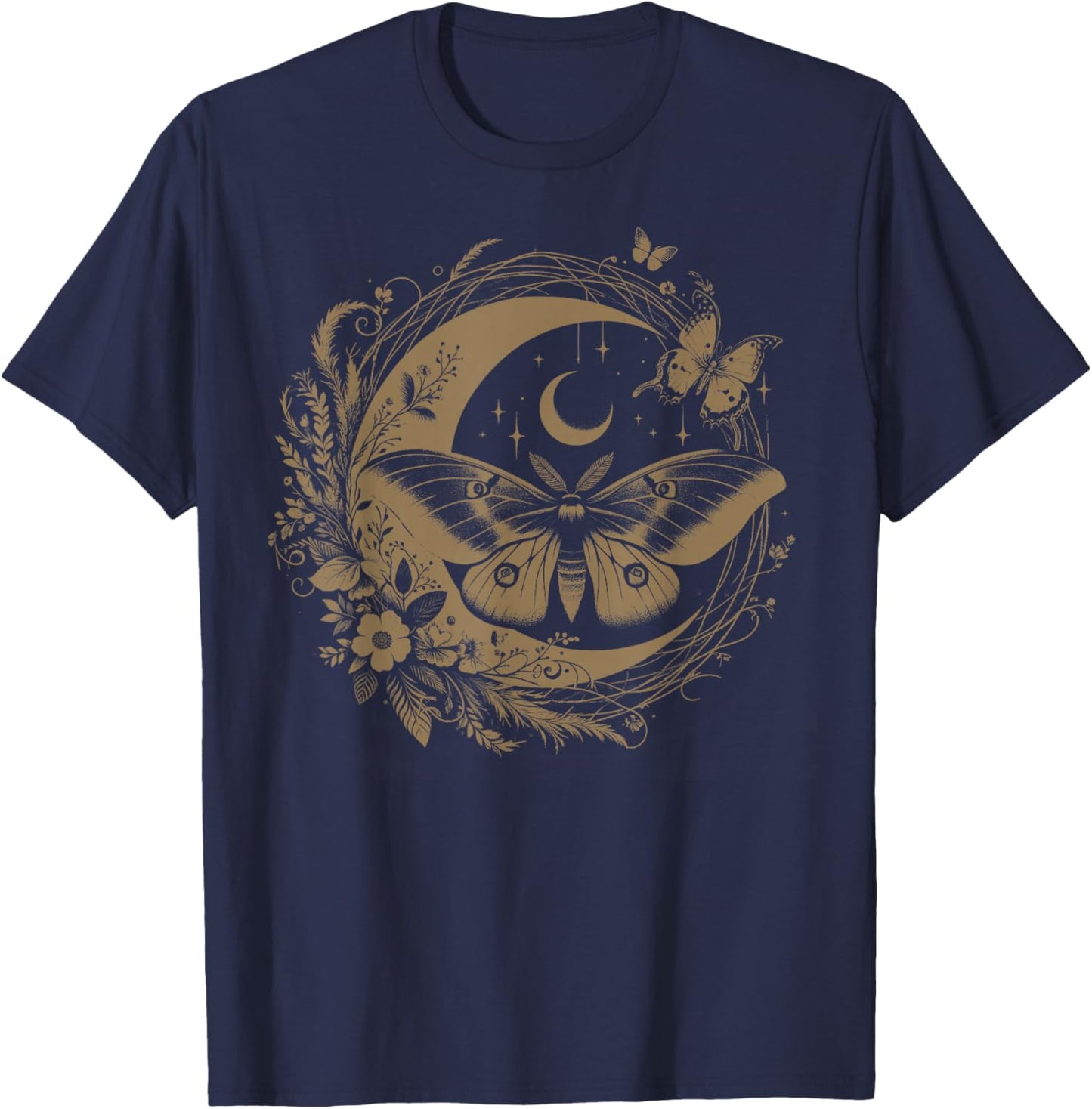 Cute Fairycore Floral Moth Aesthetic Girls Women Graphic T-Shirt - T-Shirt | Navy