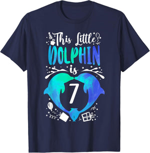 Dolphin 7th Birthday This Little Dolphin Is 7 T-Shirt - T-Shirt | Navy