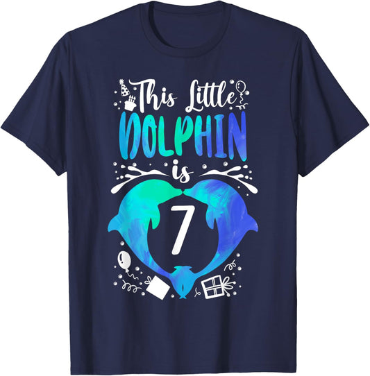 Dolphin 7th Birthday This Little Dolphin Is 7 T-Shirt - T-Shirt | Navy
