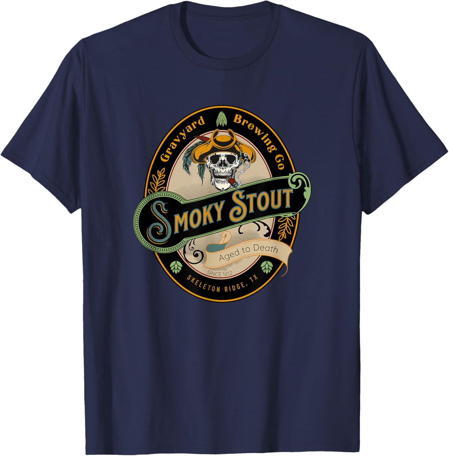 Graveyard Brewery Craft Beer Label, Skeleton with Cigar T-Shirt - T-Shirt | Navy
