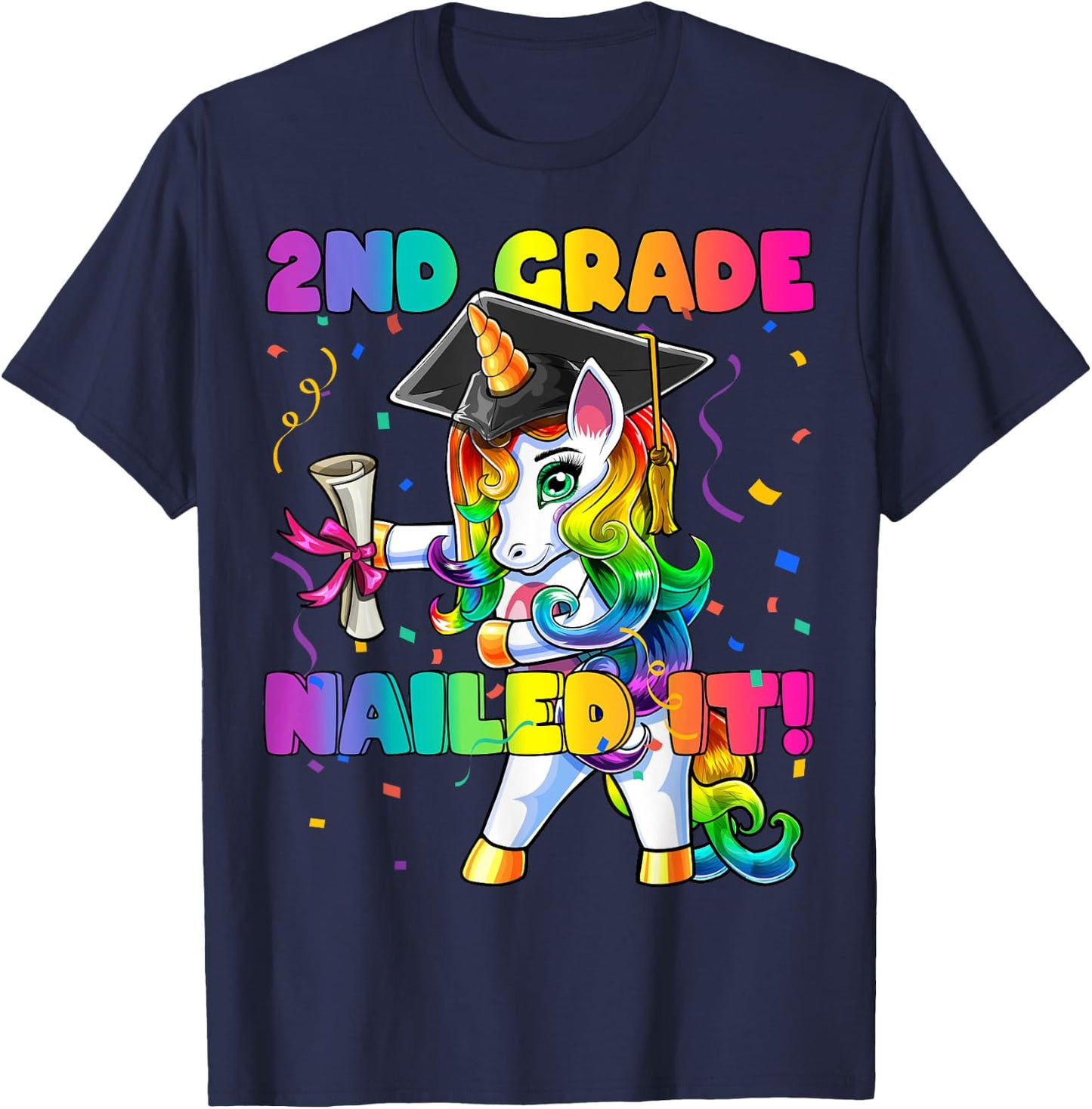 Flossing Unicorn 2nd Grade Graduation Cap Diploma Gift Girls T-Shirt - T-Shirt | Navy