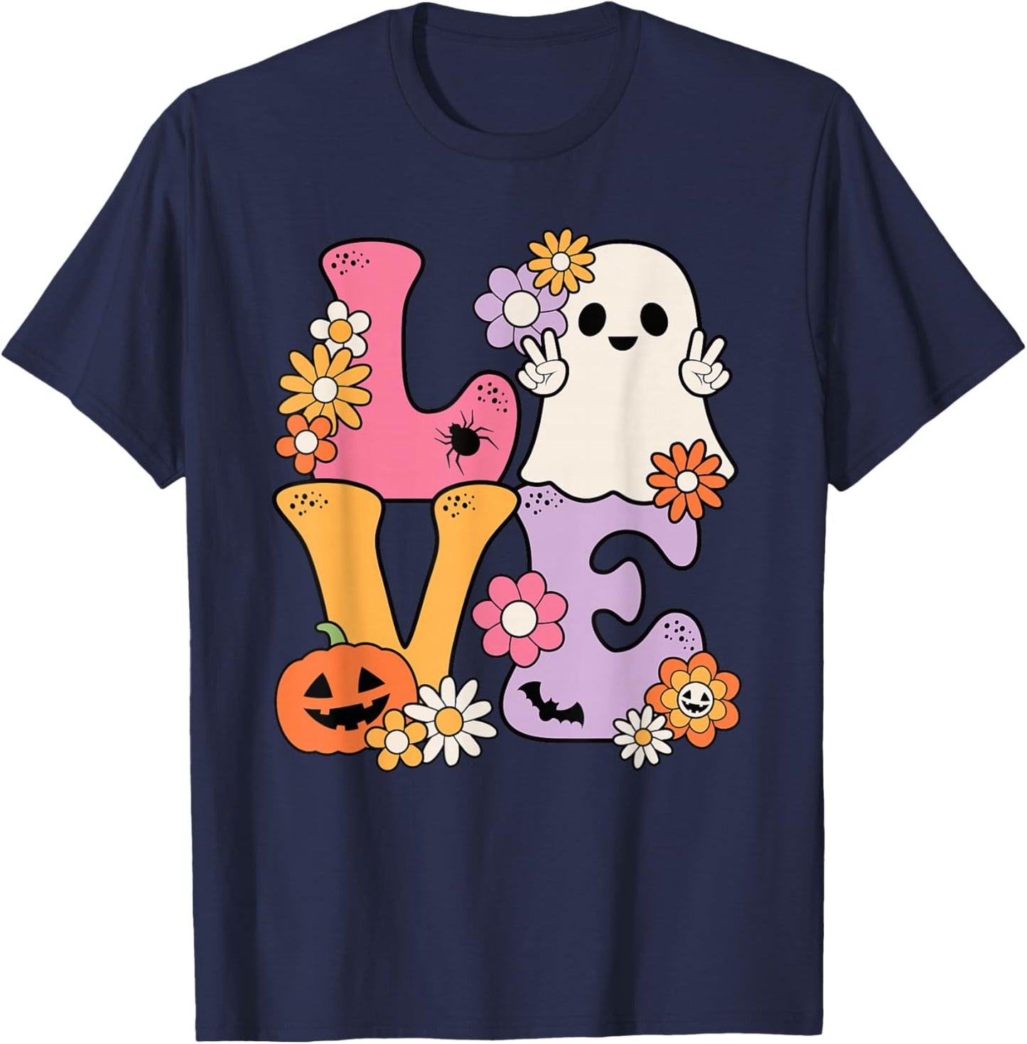 Groovy Halloween Love Costume Ghost Pumpkin Women Girls Kids T-Shirt - T-Shirt | Navy
