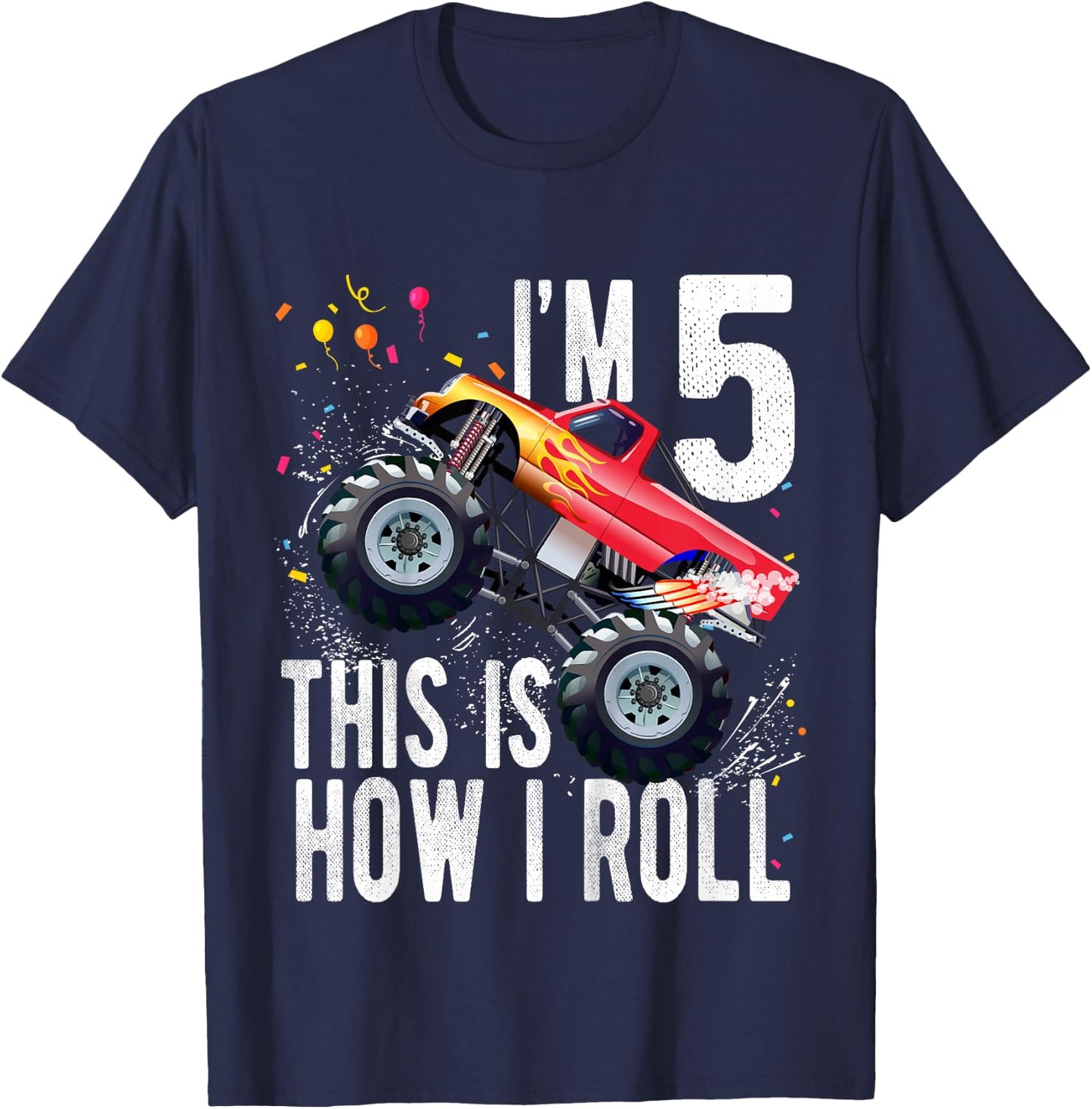Kids 5 Year Old Shirt 5th Birthday Boy Monster Truck Car T-Shirt - T-Shirt | Navy