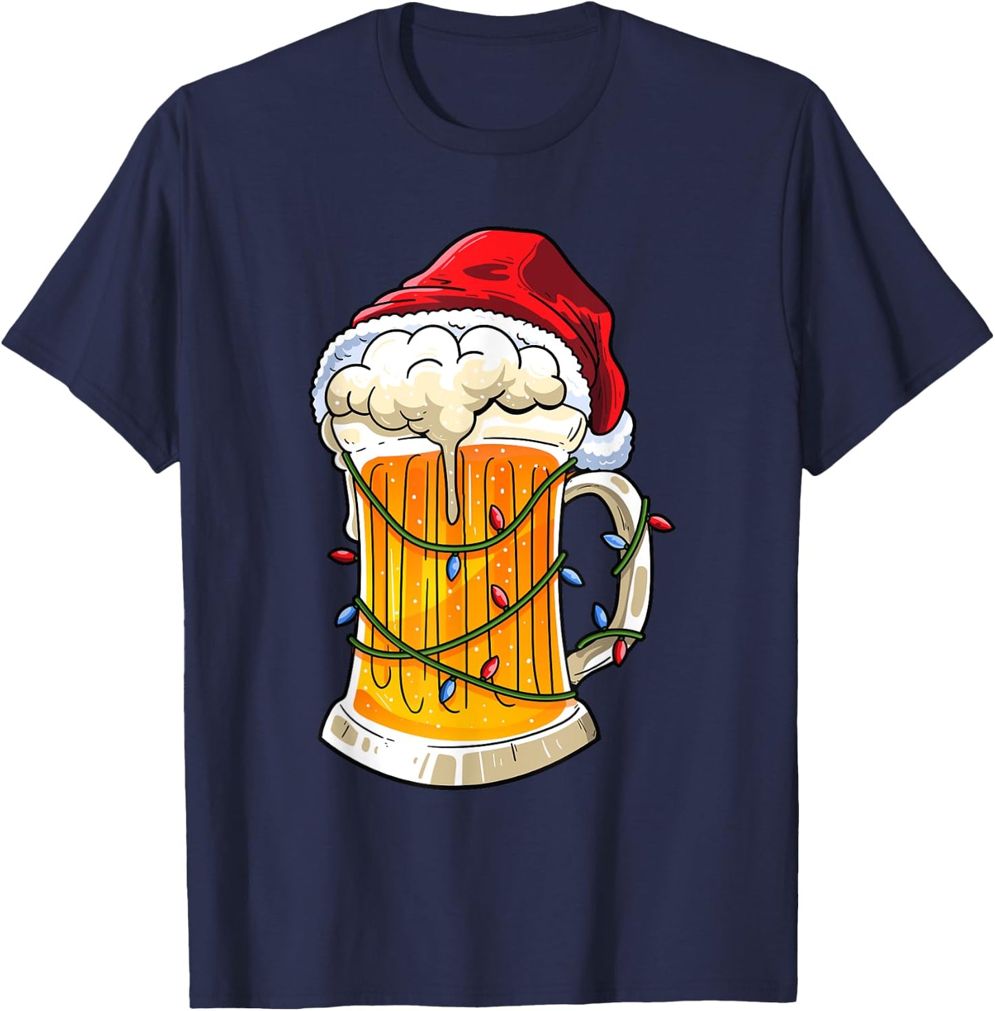 Beer Christmas Mug Santa Hat Xmas Lights Men Women Gifts T-Shirt - T-Shirt | Navy