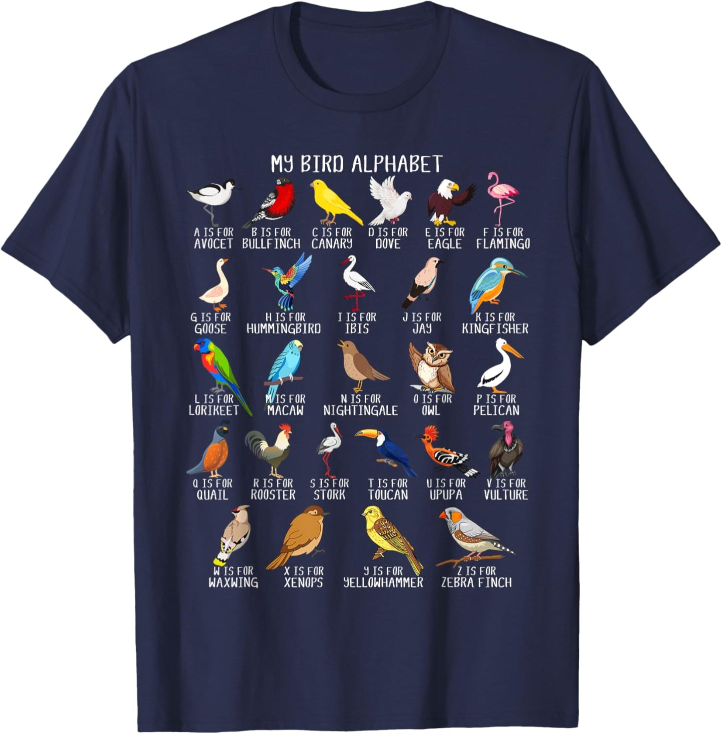 Types Of Birds Alphabet A-Z ABC Bird T-Shirt - T-Shirt | Navy