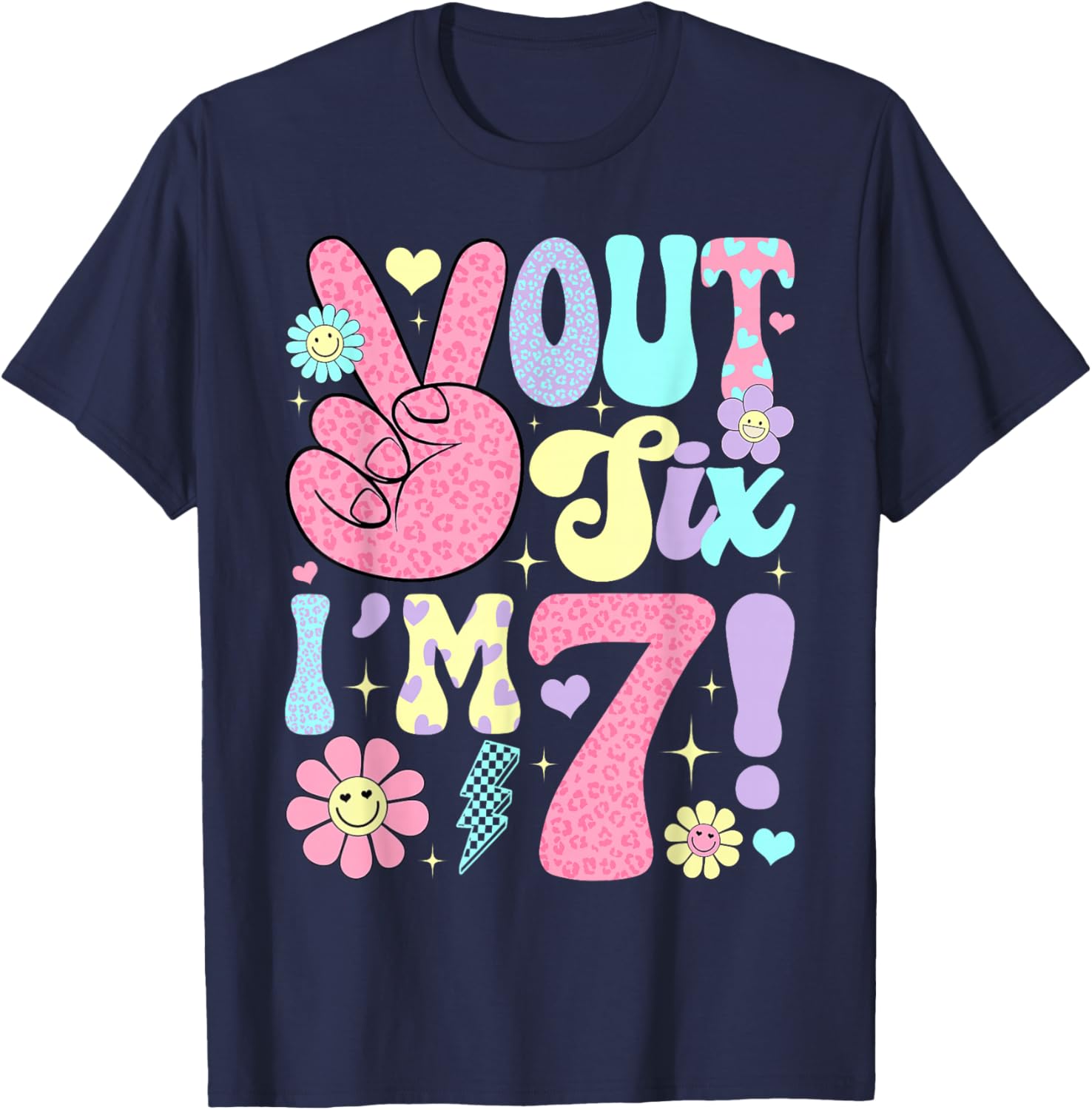 Groovy Peace Out Six I'm 7 Years Old 7th Birthday Girls Kids T-Shirt - T-Shirt | Navy