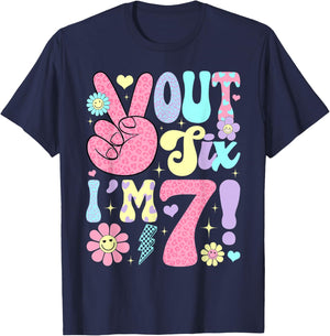 Groovy Peace Out Six I'm 7 Years Old 7th Birthday Girls Kids T-Shirt - T-Shirt | Navy