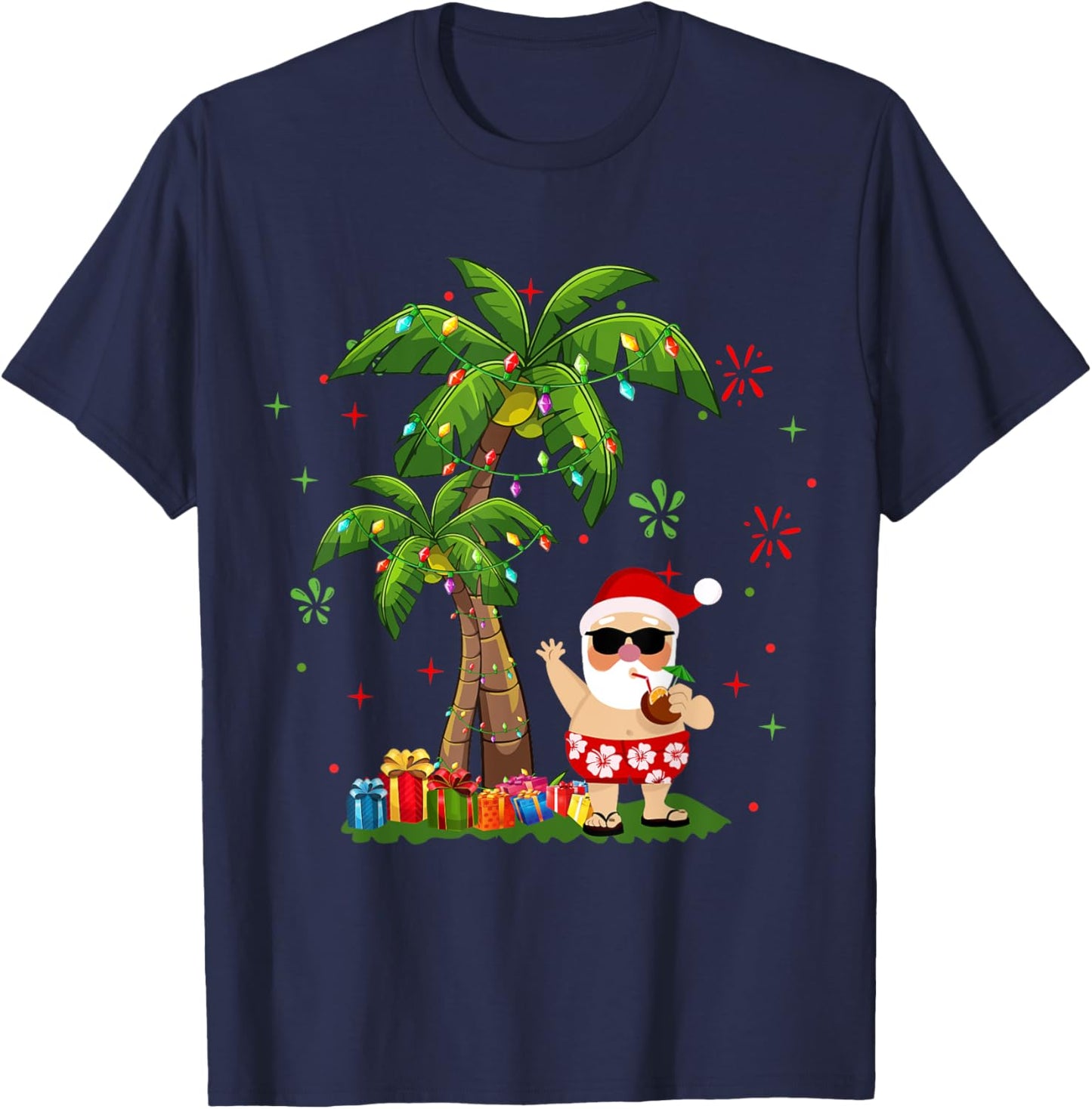 Santa Hawaiian Christmas Palm Tree Lights Xmas T-Shirt - T-Shirt | Navy