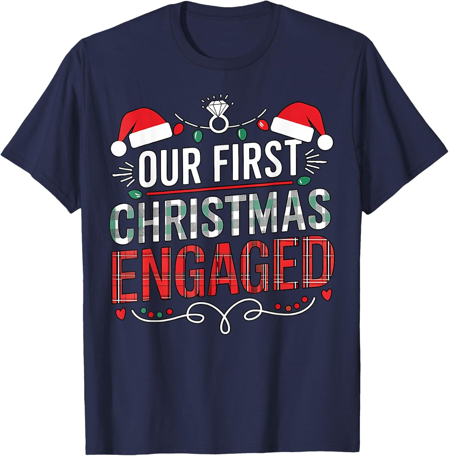 Our First Christmas Engaged 2024 Black Adult Christmas Couple Matching T-Shirt - T-Shirt | Navy