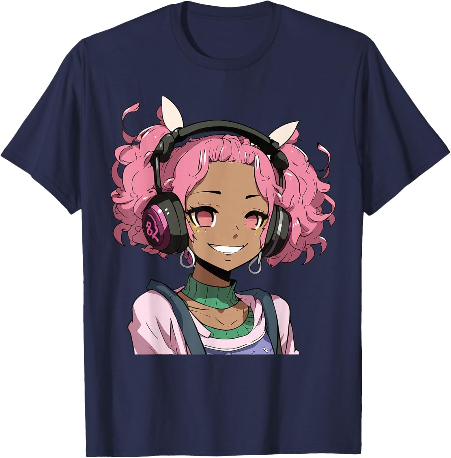 Anime and Music Black Girl Anime Merch Afro African American T-Shirt - T-Shirt | Navy