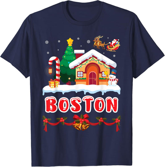 Festive Christmas Scene in BOSTON Winter Wonderland T-Shirt - T-Shirt | Navy