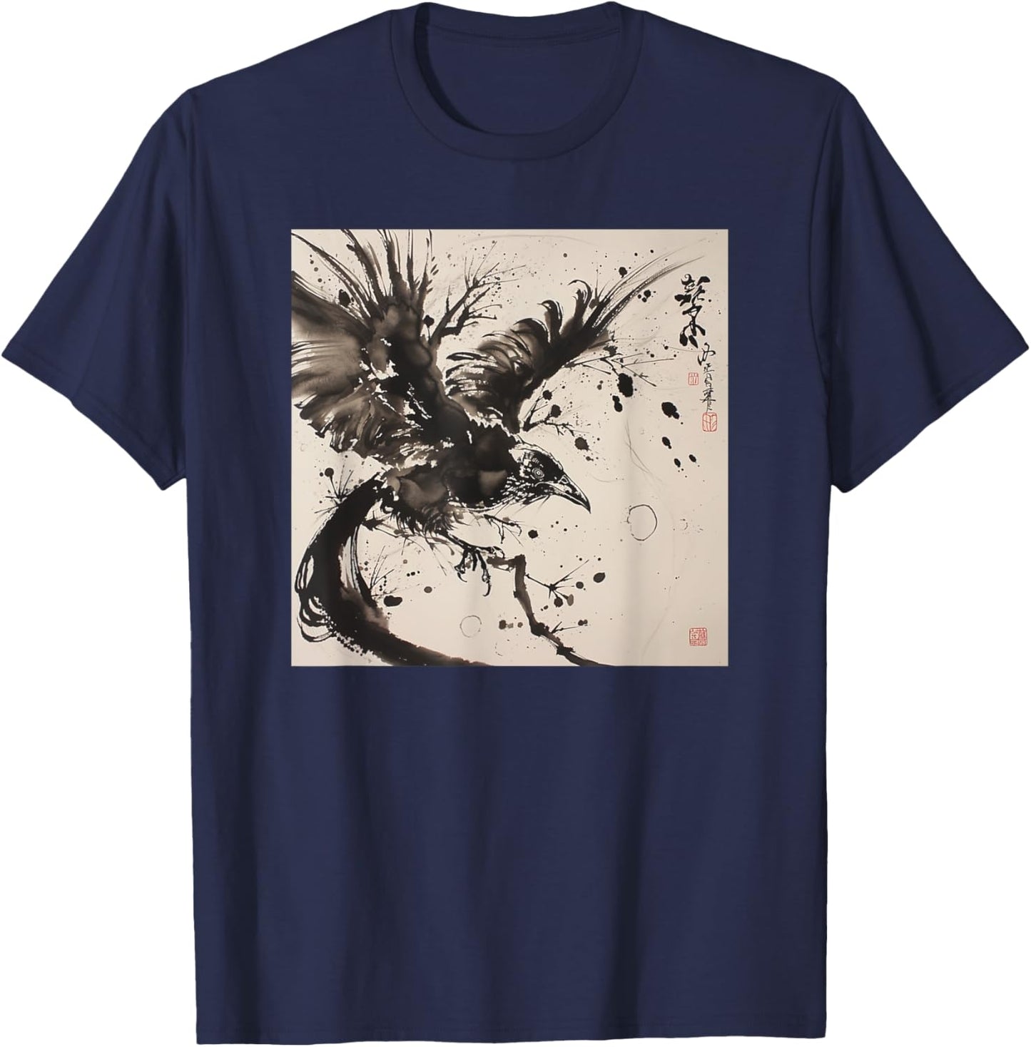 Japanese Ink Art Crow- Raven Ink Art Graphic T-Shirt - T-Shirt | Navy