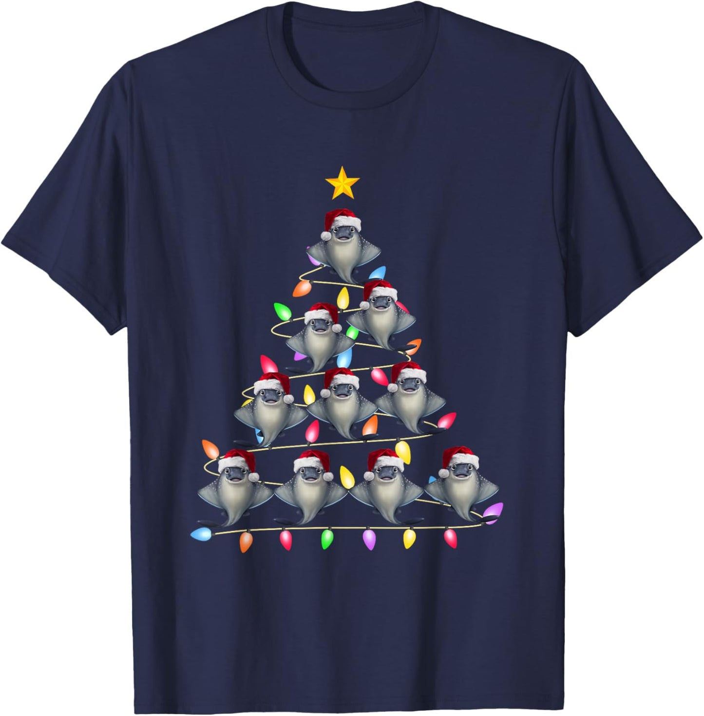 Christmas Tree Lights Men Women Santa Stingray Xmas PJs T-Shirt - T-Shirt | Navy