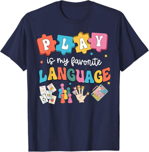 Retro Play Is My Favorite Language SLP Speech Therapy SLPA T-Shirt - T-Shirt | Navy