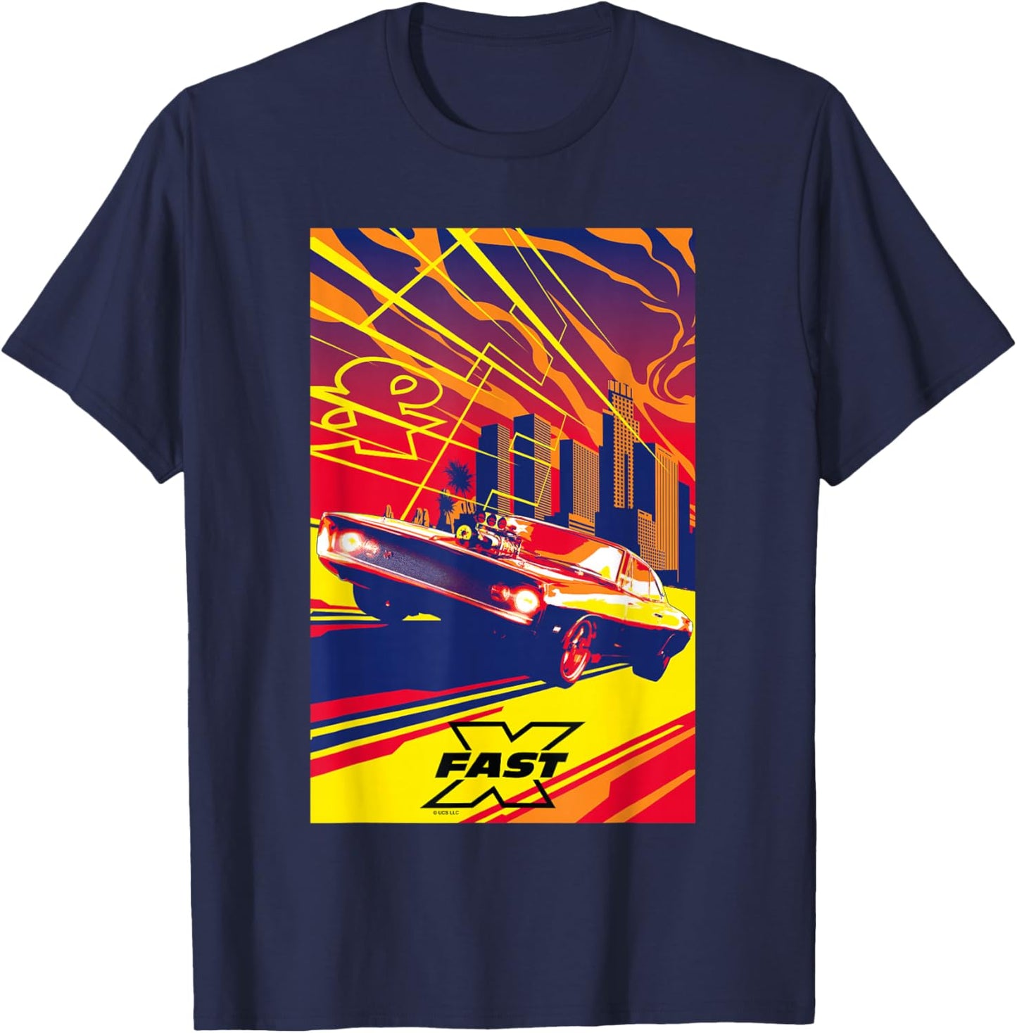 Fast X Toretto Charger City Skyline Saturated Movie Poster T-Shirt - T-Shirt | Navy
