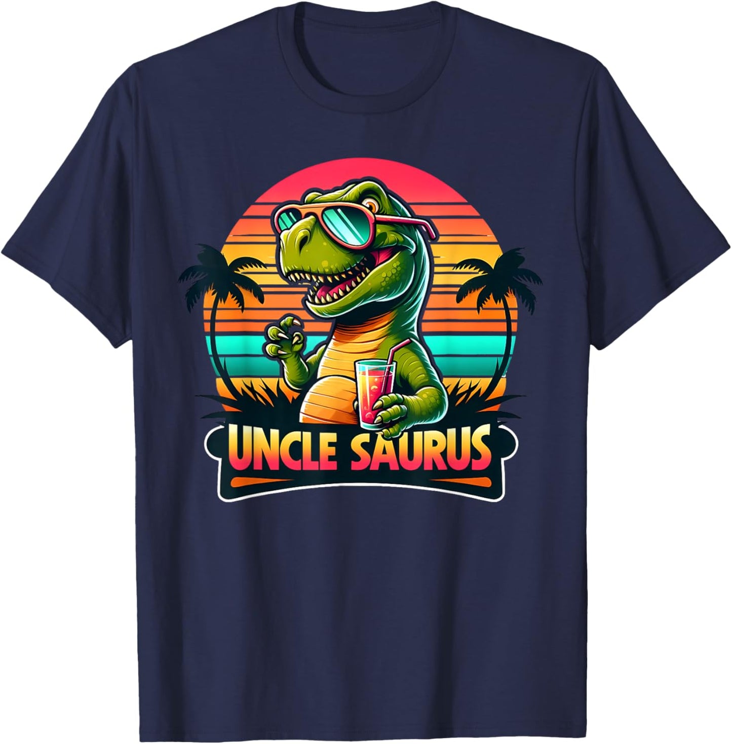 Uncle Saurus Rex Dinosaur Sunset Retro Style Family Matching T-Shirt - T-Shirt | Navy