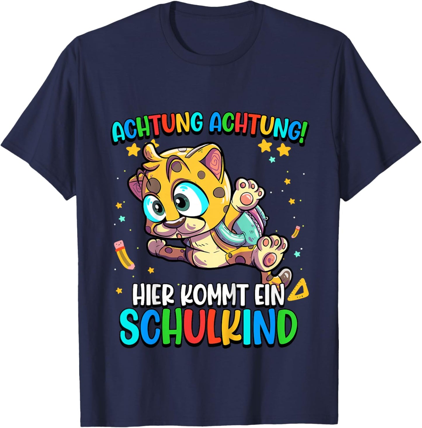 Kinder Leopard Achtung Hier Kommt Ein Schulkind Einschulung T-Shirt - T-Shirt | Navy