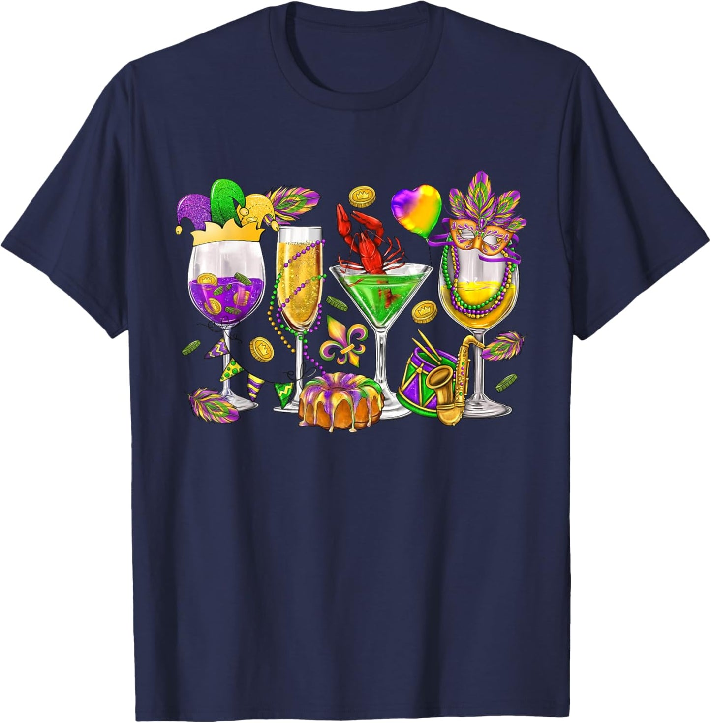 Mardi Gras Glass Of Wine Funny Drinking Wine Festival Parade T-Shirt - T-Shirt | Navy