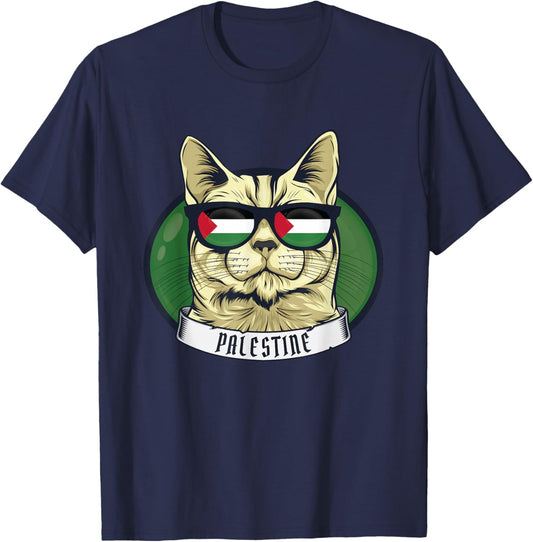 Free Palestine Flag Palestinian Cat Gaza T-Shirt - T-Shirt | Navy
