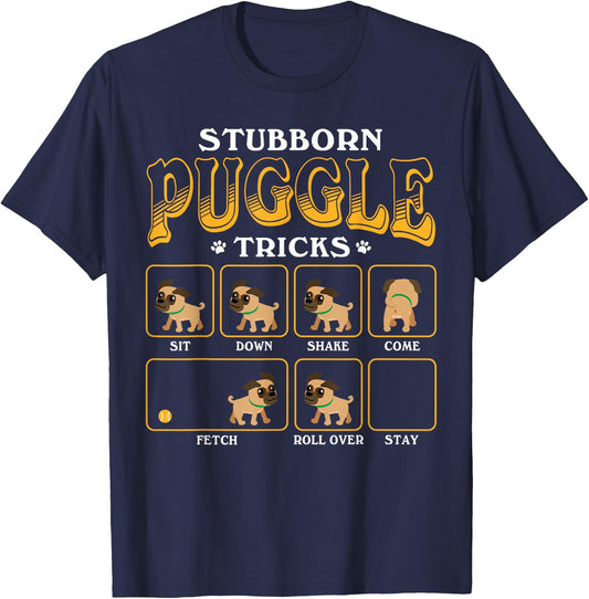 Stubborn Puggle Tricks - Cute Color Graphic T-Shirt - T-Shirt | Navy