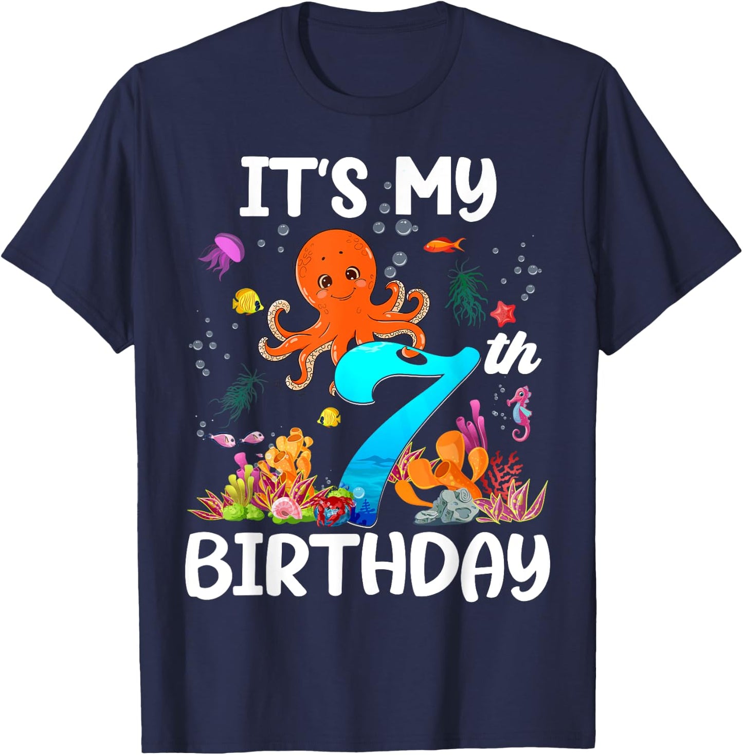 7 Year Old Ocean Life Whale Dolphin Octopus 7th Birthday T-Shirt - T-Shirt | Navy