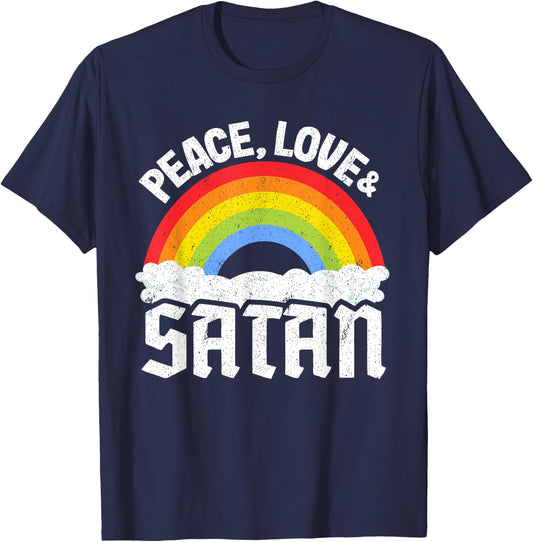 Kids Band Death Metal Rainbow Retro Peace Love & Satan T-Shirt - T-Shirt | Navy