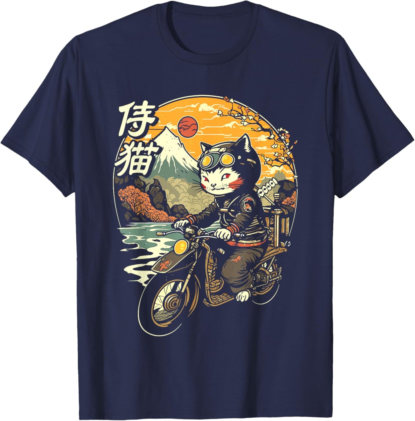Japanese Samurai Cat on Motorcycle Kawaii Ninja Cat Men Women Kids T-Shirt - T-Shirt | Navy