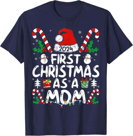 First Christmas As A Mom 2024 Family Matching 1st New Mom T-Shirt - T-Shirt | Navy