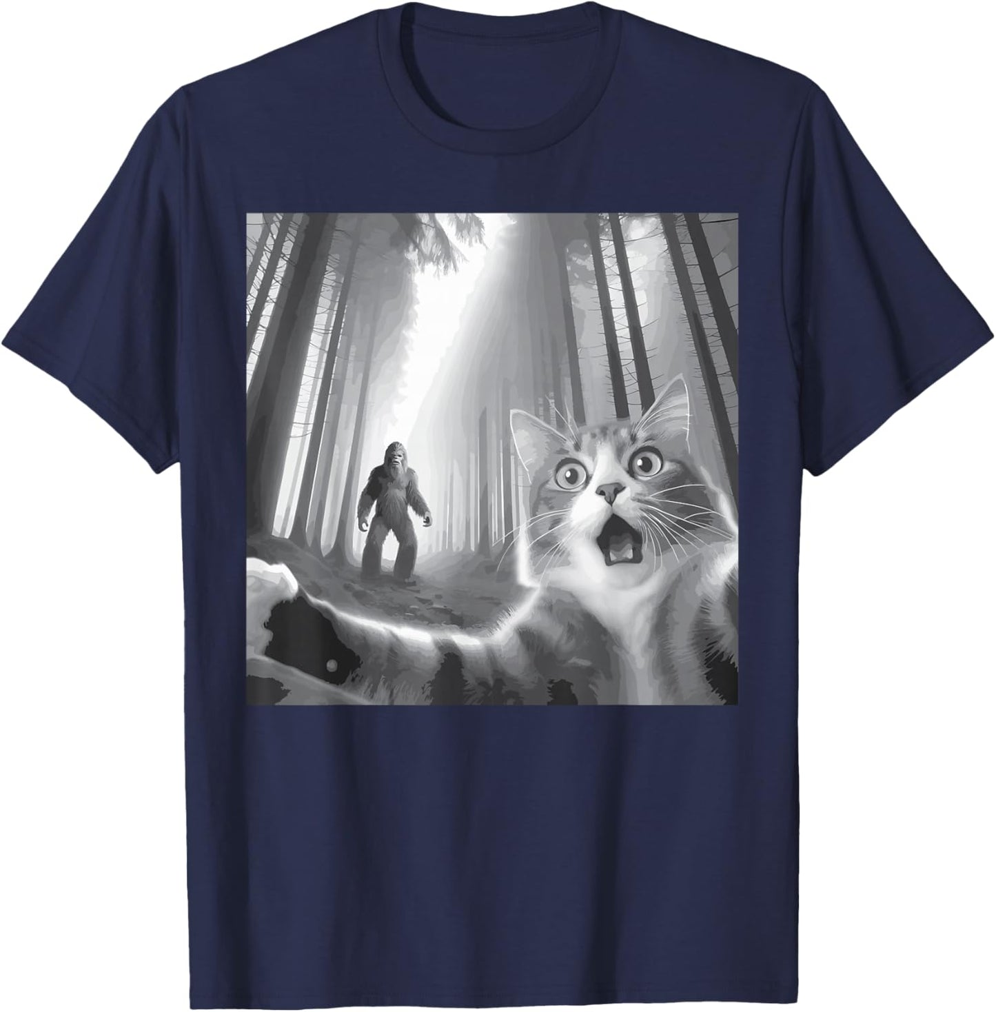 Funny Surprised Scared Cat Selfie With Sasquatsch Bigfoot T-Shirt - T-Shirt | Navy