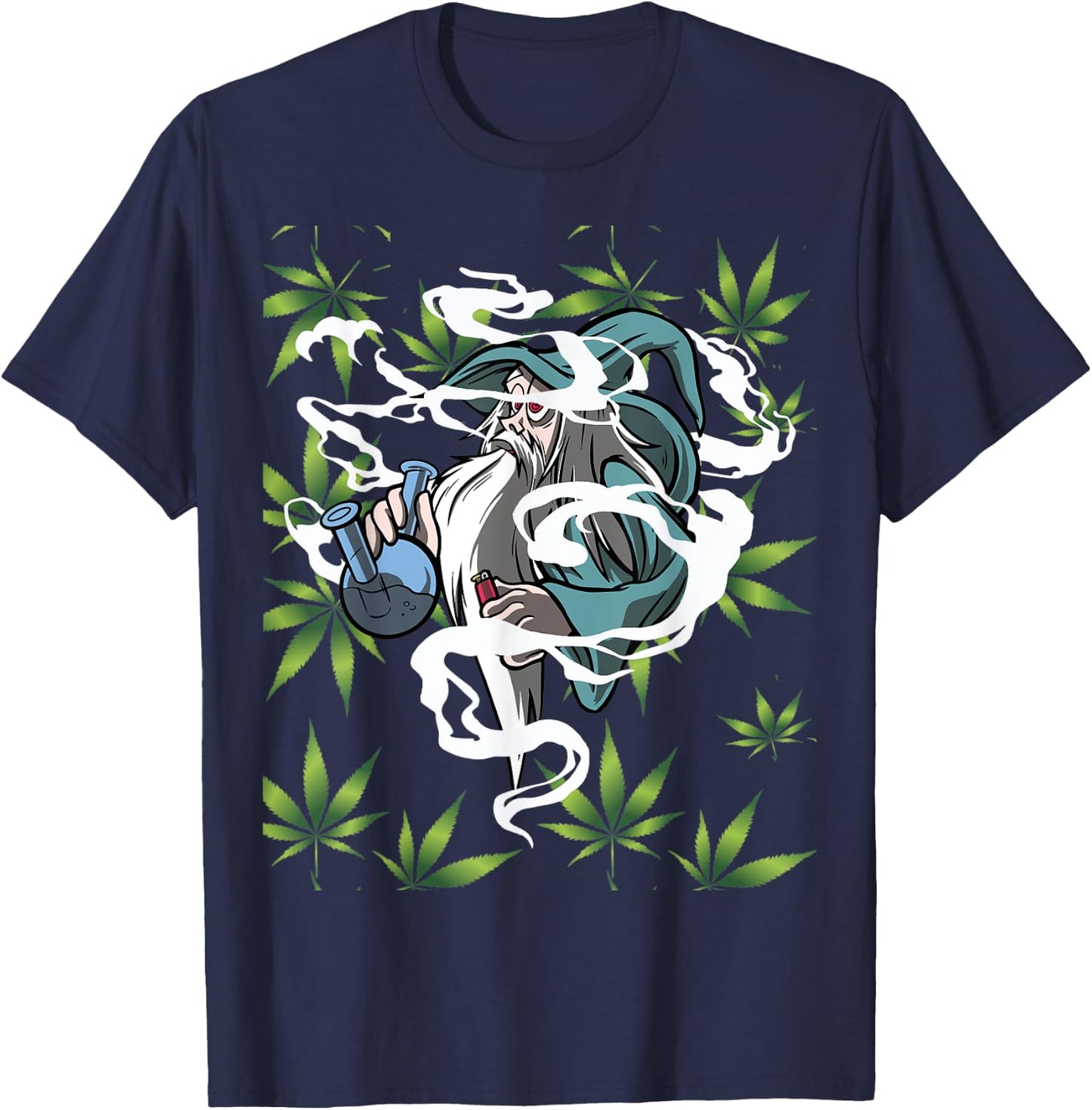 Marijuana Bong with Weed Leaf Design Wizard Smoking T-Shirt - T-Shirt | Navy