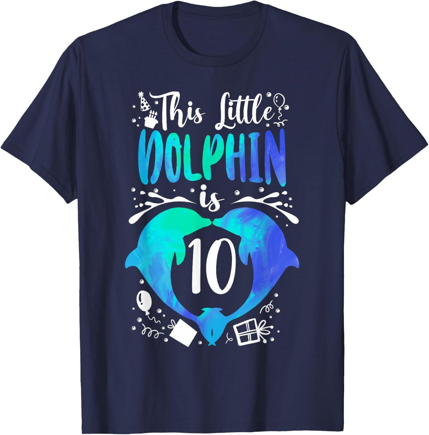 Dolphin 10th Birthday This Little Dolphin Is 10 T-Shirt - T-Shirt | Navy