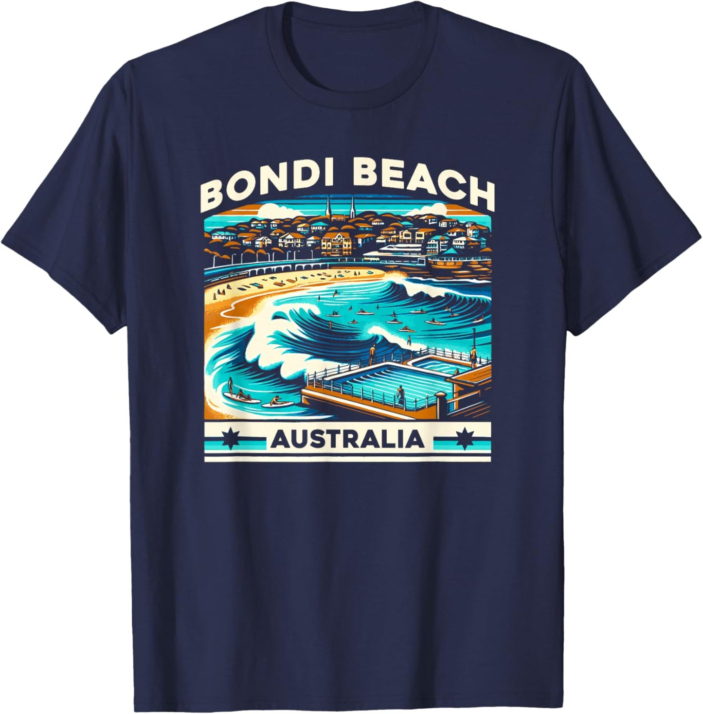 Borough & Bridge Bondi Beach Australia Classic Wave Graphic T-Shirt - T-Shirt | Navy