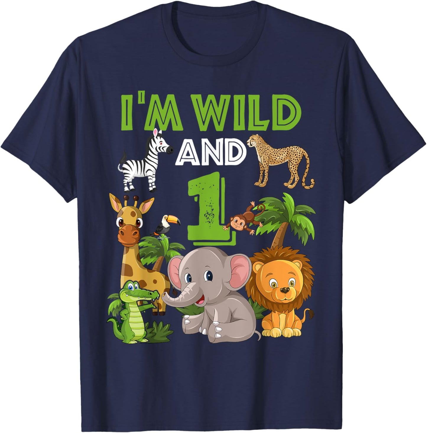 1 Year Old Zoo Birthday Shirt Safari Jungle Zoo Animal 1st T-Shirt - T-Shirt | Navy