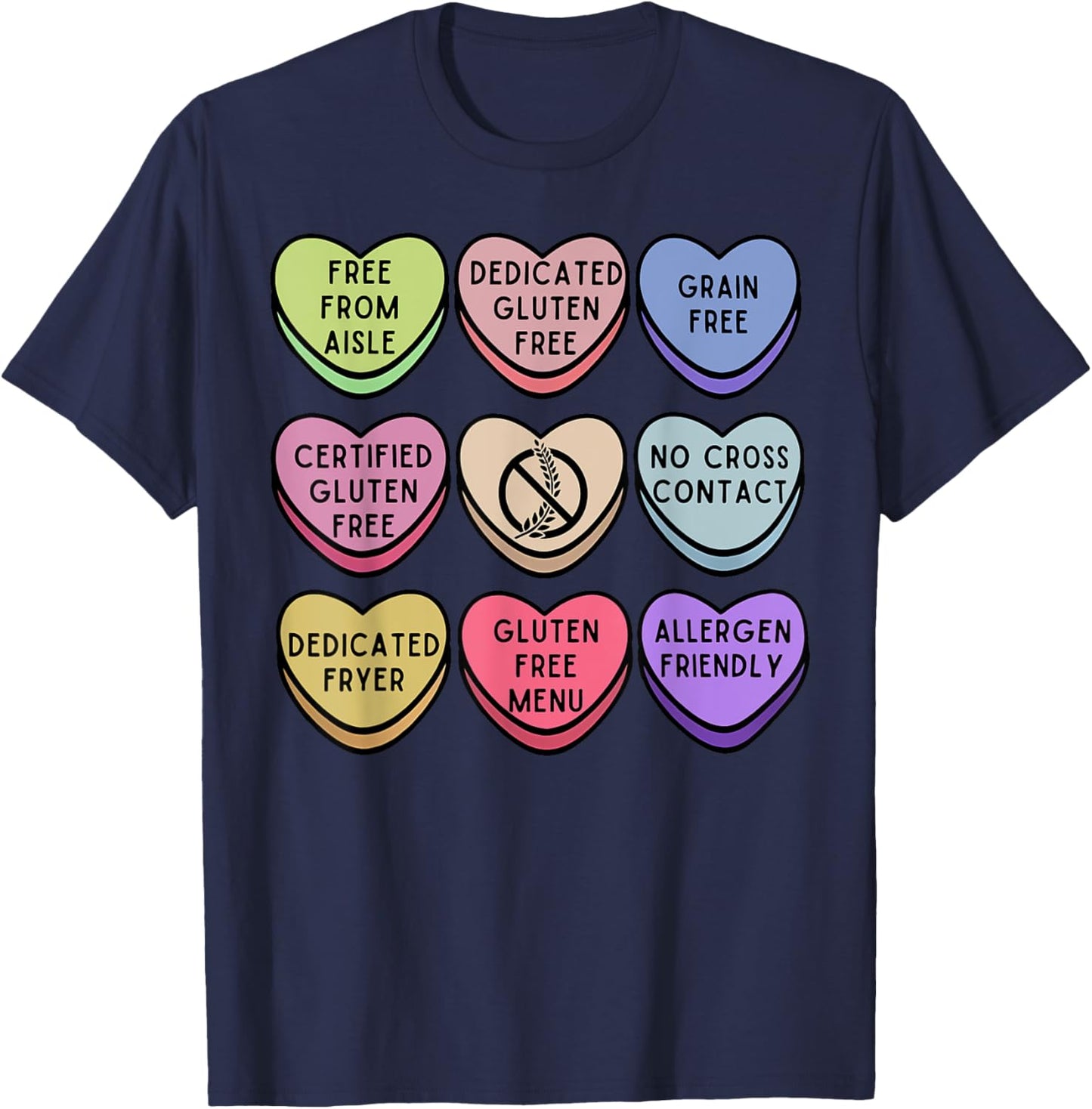 Gluten Free Celiac Valentines Hearts Candy Celiac Disease T-Shirt - T-Shirt | Navy