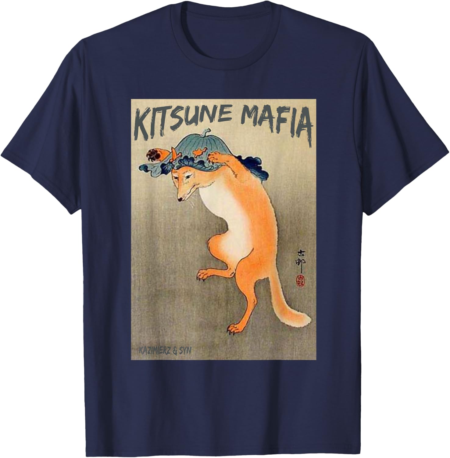 Kitsune Mafia, Anime Nine Tail Fox Spirit, Ukiyo-e Japanese T-Shirt - T-Shirt | Navy