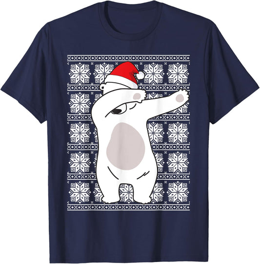 Ugly Christmas Sweater Polar Bear Santa Hat Dabbing Gifts T-Shirt - T-Shirt | Navy