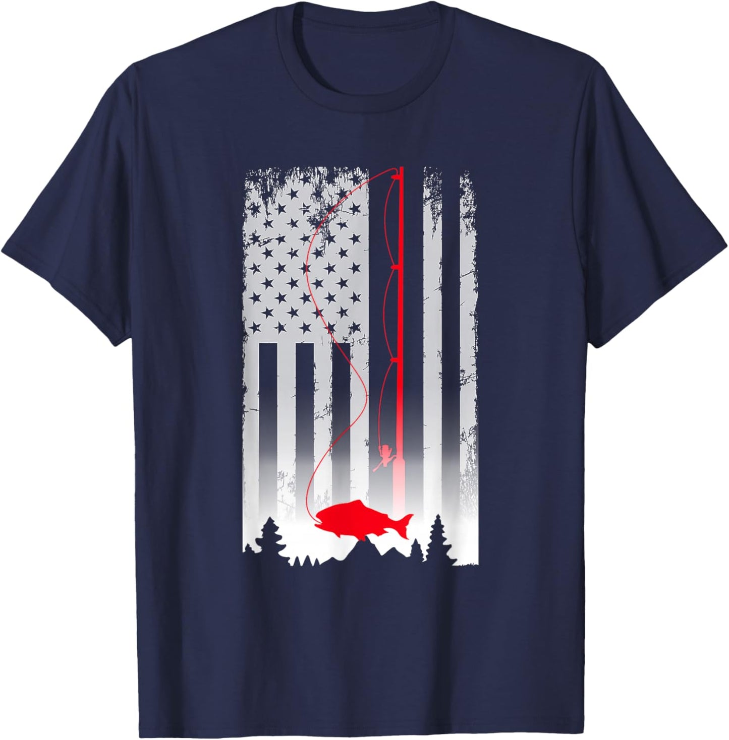 Fishing Pole American Flag Vintage Patriotic Fisherman T-Shirt - T-Shirt | Navy