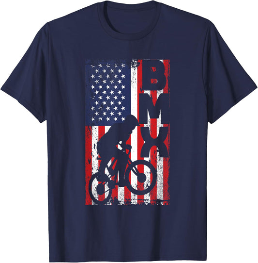 American Flag BMX Racing Extreme Sport Riding Cool Bike Ride T-Shirt - T-Shirt | Navy