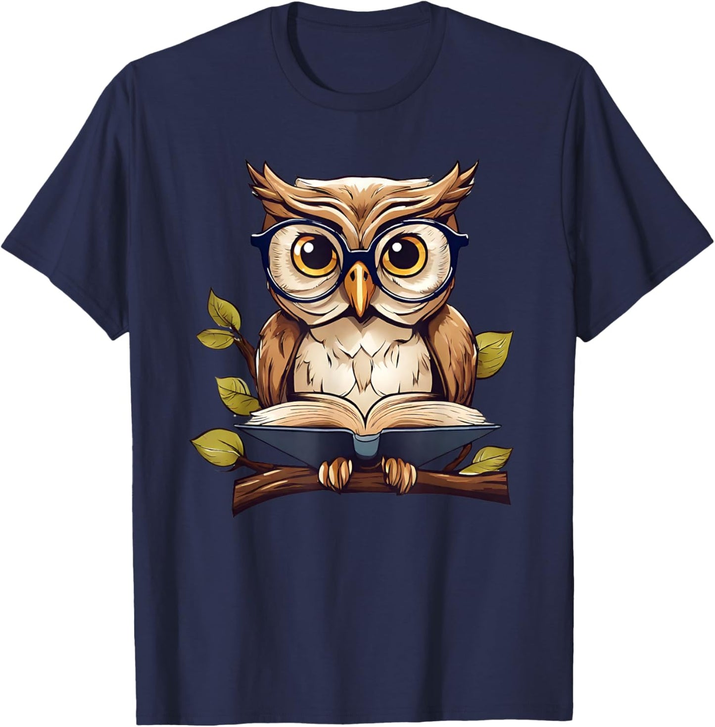 Funny Owl Reading A Book Perched On A Branch Bookworm T-Shirt - T-Shirt | Navy