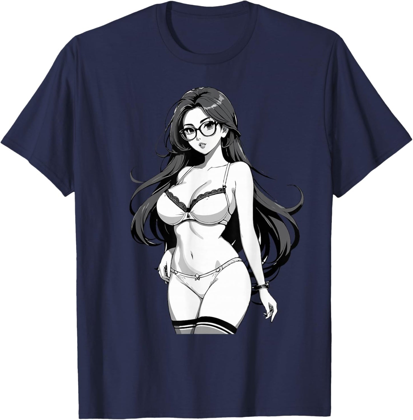Sexy Waifu Otaku Anime Girl Japanese in Black and White Art T-Shirt - T-Shirt | Navy