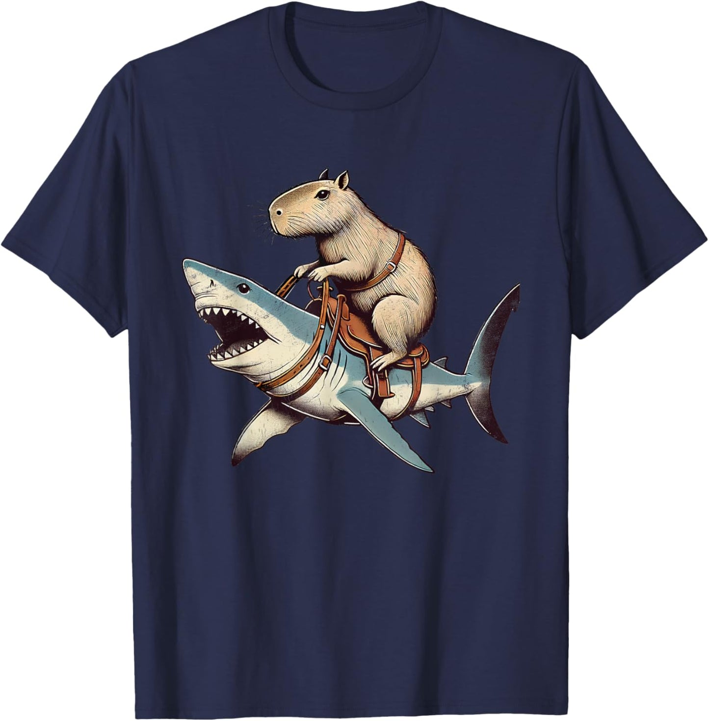 Vintage Rodent Capybara Funny Retro Capyabara Riding Shark T-Shirt - T-Shirt | Navy