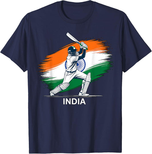 Indian Cricket with Flag T-Shirt - T-Shirt | Navy