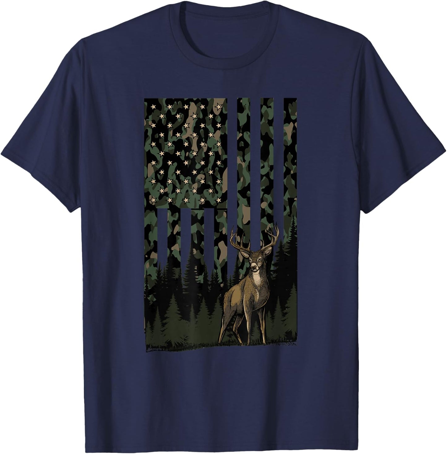 Camo Deer American Flag Graphic Hunting Gifts Men Dad Boys T-Shirt - T-Shirt | Navy