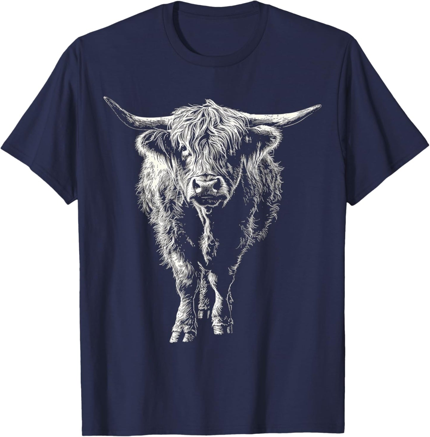 Highland Cow Drawing Art Farm Animal Graphic Highland Cow T-Shirt - T-Shirt | Navy