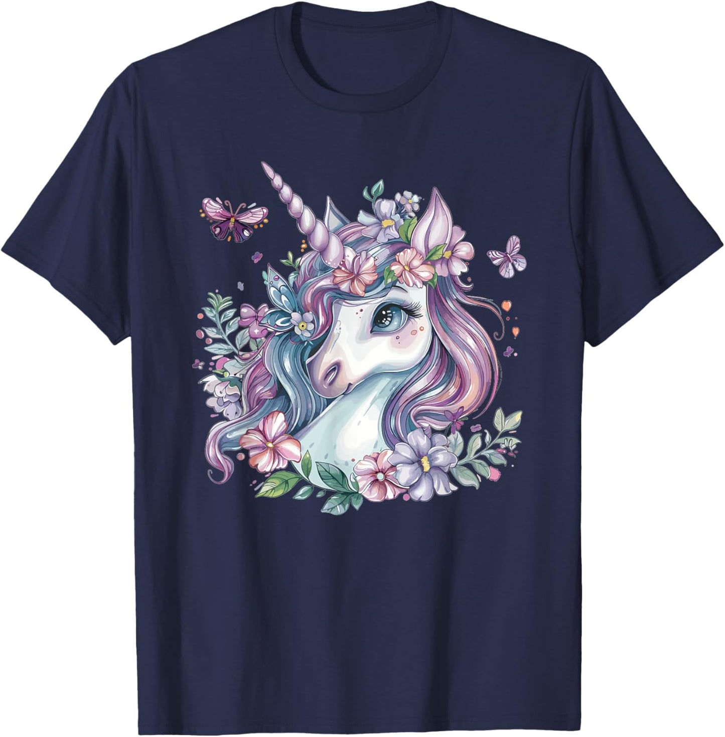 Cute Unicorn With Flowers I Kids Unicorn T-Shirt - T-Shirt | Navy