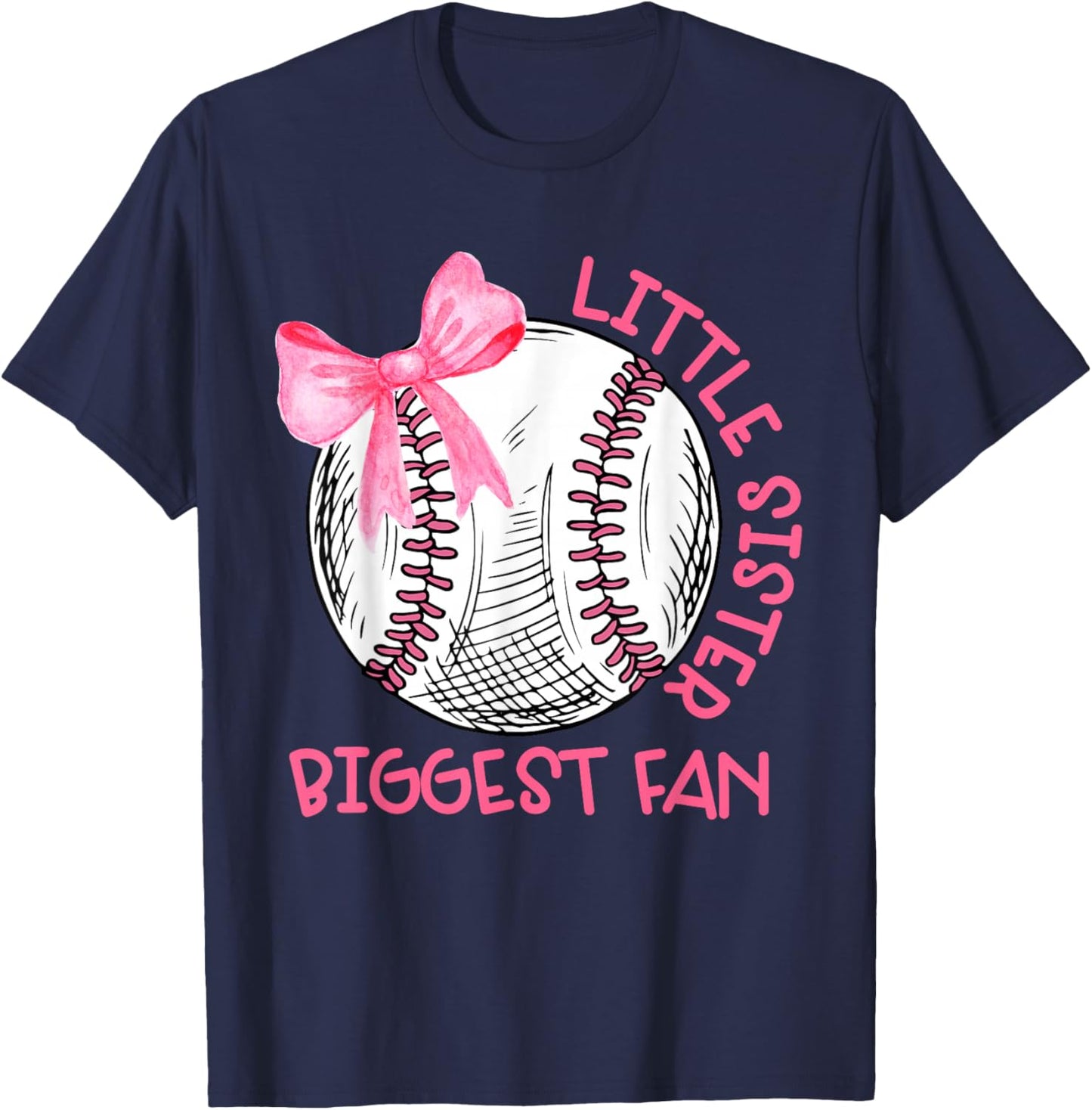 Cute Bow Coquette Little Sister Biggest Fan Baseball Girls T-Shirt - T-Shirt | Navy