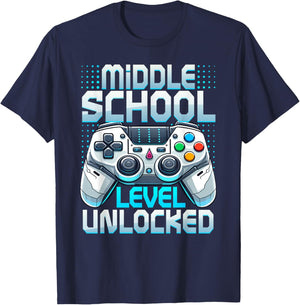 First Day of Middle School Level Unlocked Back To School T-Shirt - T-Shirt | Navy