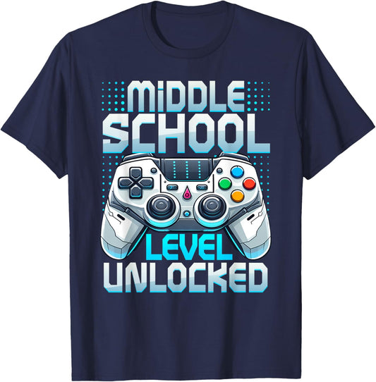 First Day of Middle School Level Unlocked Back To School T-Shirt - T-Shirt | Navy