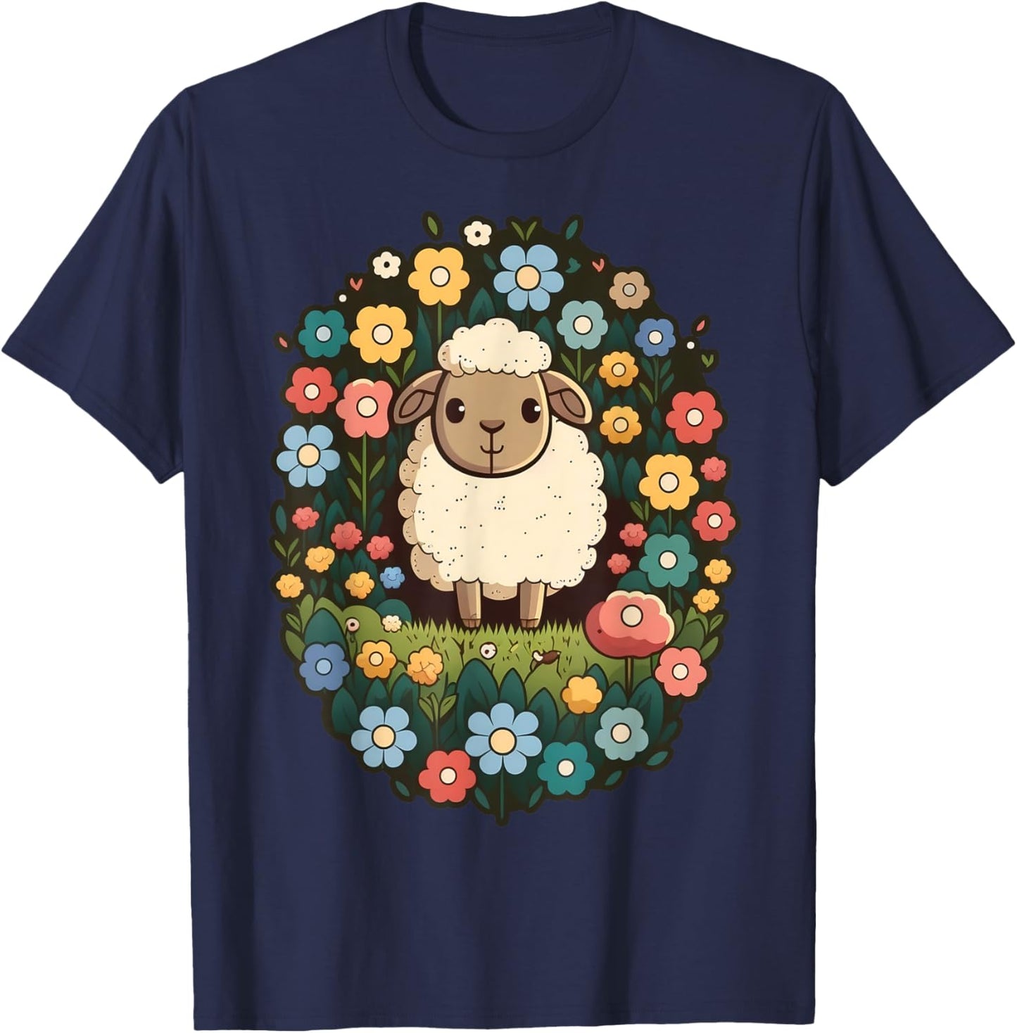 Cute Flower Sheep on summer Floral Sheep T-Shirt - T-Shirt | Navy